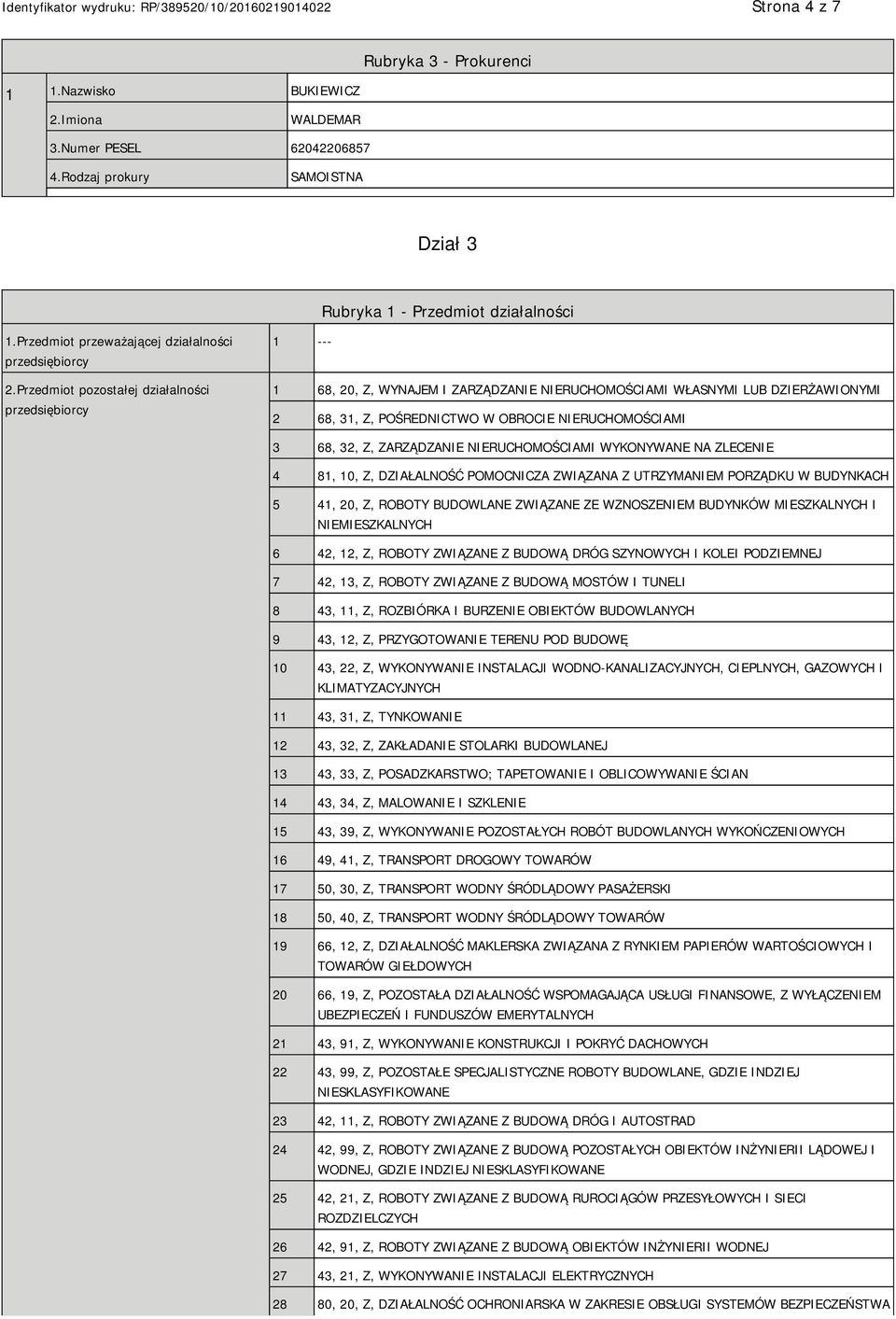 Przedmiot pozostałej działalności przedsiębiorcy 1 --- 1 68, 20, Z, WYNAJEM I ZARZĄDZA RUCHOMOŚCIAMI WŁASNYMI LUB DZIERŻAWIONYMI 2 68, 31, Z, POŚREDNICTWO W OBROCIE RUCHOMOŚCIAMI 3 68, 32, Z,