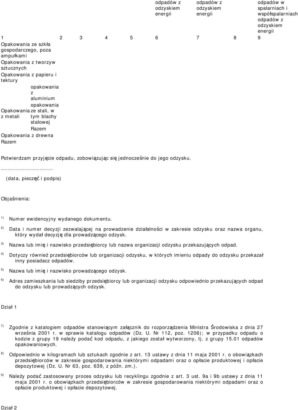 jednocześnie do jego.... (data, pieczęć i podpis) Objaśnienia: 1) 2) 3) 4) 5) 6) Numer ewidencyjny wydanego dokumentu.