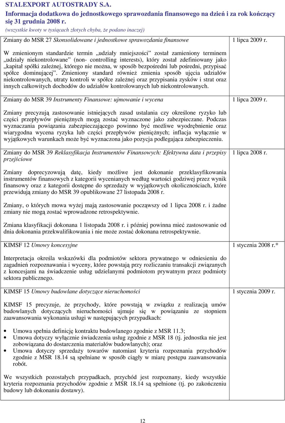 Zmieniony standard równieŝ zmienia sposób ujęcia udziałów niekontrolowanych, utraty kontroli w spółce zaleŝnej oraz przypisania zysków i strat oraz innych całkowitych dochodów do udziałów
