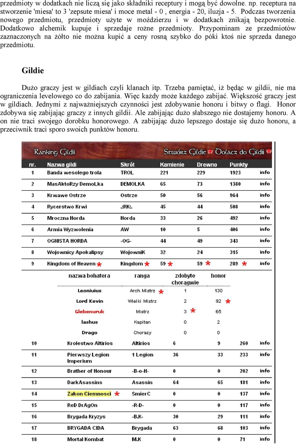 Przypominam ze przedmiotów zaznaczonych na żółto nie można kupić a ceny rosną szybko do póki ktoś nie sprzeda danego przedmiotu. Gildie Dużo graczy jest w gildiach czyli klanach itp.