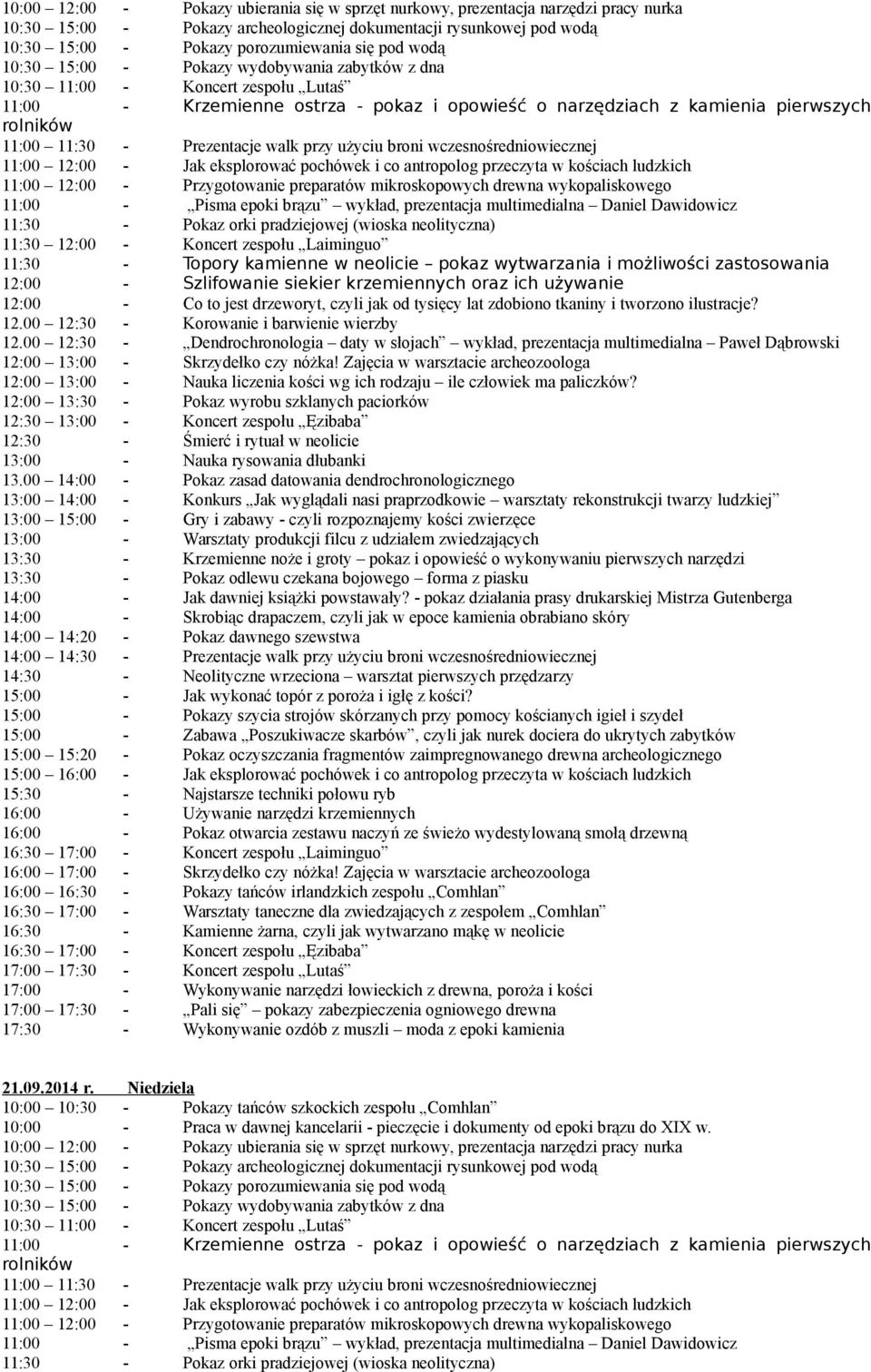00 12:30 - Dendrochronologia daty w słojach wykład, prezentacja multimedialna Paweł Dąbrowski 12:30 13:00 - Koncert zespołu Ęzibaba 12:30 - Śmierć i rytuał w neolicie 13:30 - Pokaz odlewu czekana