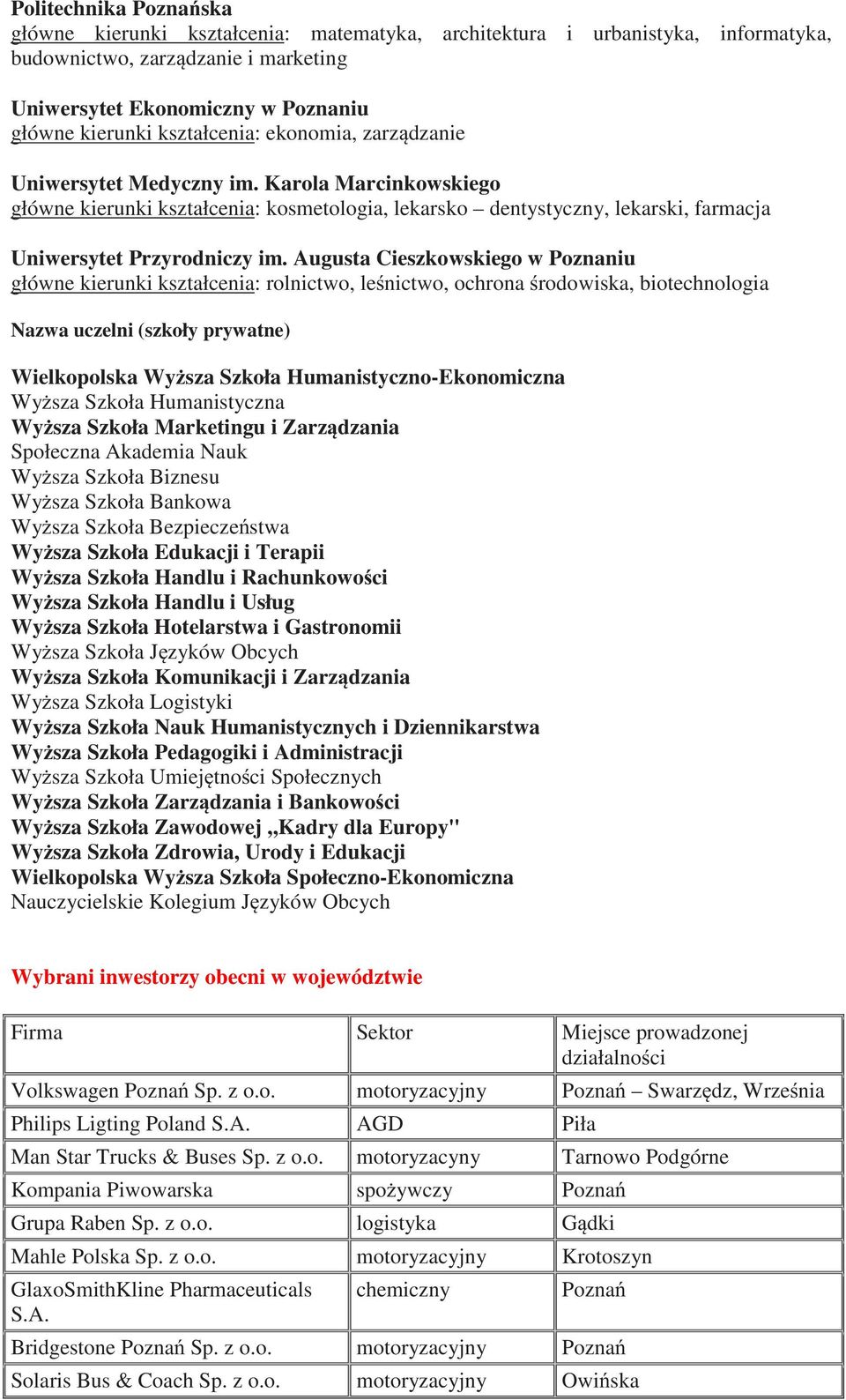 Augusta Cieszkowskiego w Poznaniu główne kierunki kształcenia: rolnictwo, le nictwo, ochrona rodowiska, biotechnologia Nazwa uczelni (szkoły prywatne) Wielkopolska Wy sza Szkoła