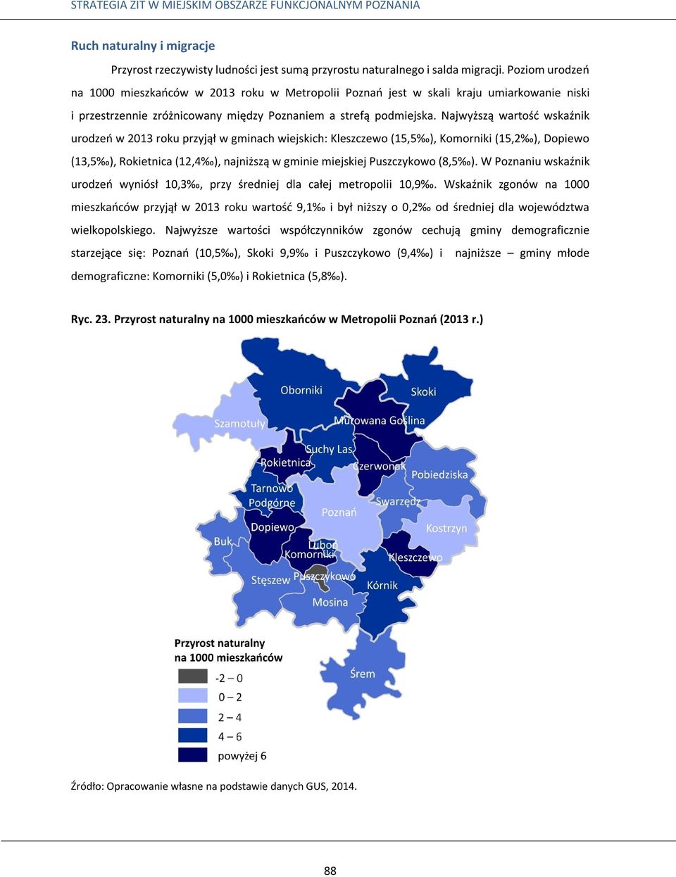 Najwyższą wartość wskaźnik urodzeń w 2013 roku przyjął w gminach wiejskich: Kleszczewo (15,5 ), Komorniki (15,2 ), Dopiewo (13,5 ), Rokietnica (12,4 ), najniższą w gminie miejskiej Puszczykowo (8,5 ).
