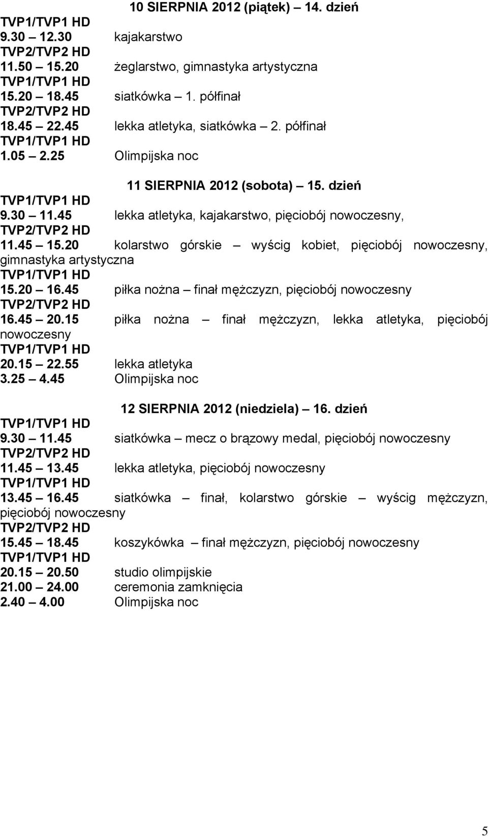 20 kolarstwo górskie wyścig kobiet, pięciobój nowoczesny, gimnastyka artystyczna 15.20 16.45 piłka nożna finał mężczyzn, pięciobój nowoczesny 16.45 20.