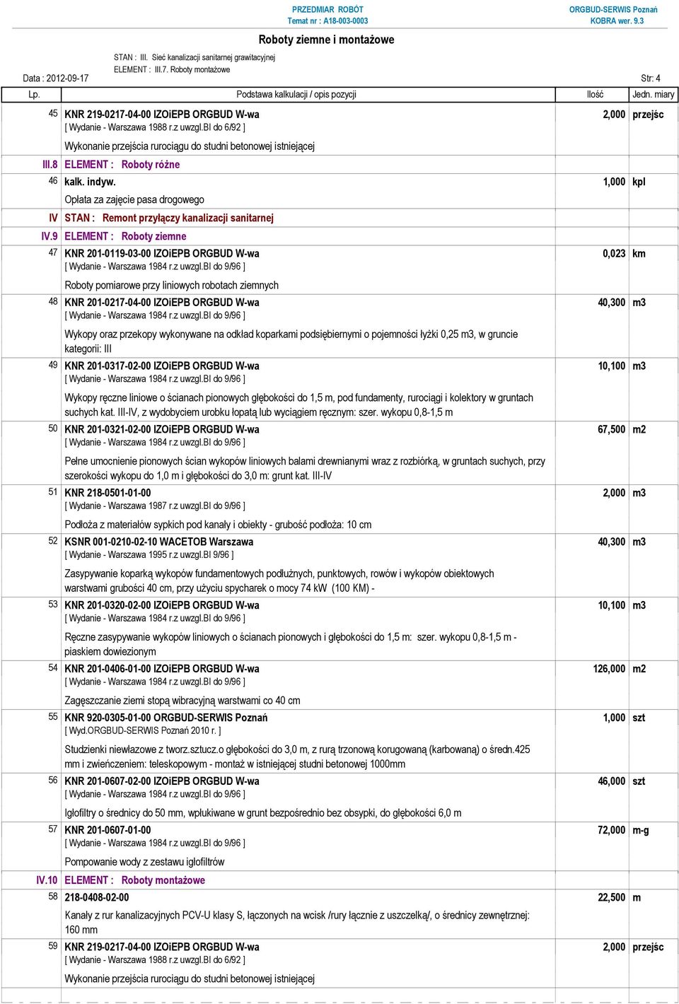 indyw. 1,000 kpl Opłata za zajęcie pasa drogowego IV STAN : Remont przyłączy kanalizacji sanitarnej IV.