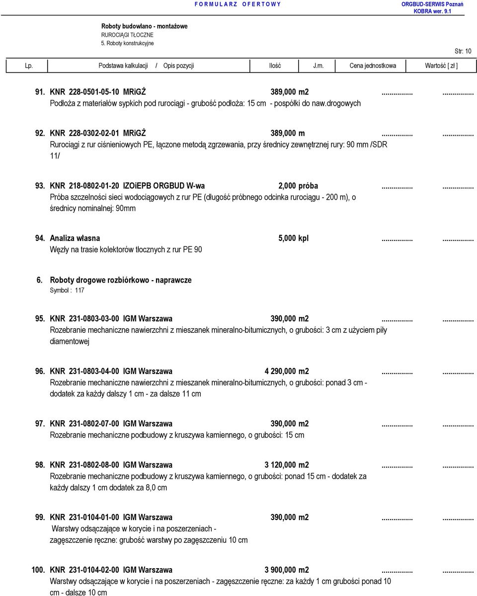 KNR 218-0802-01-20 IZOiEPB ORGBUD W-wa 2,000 próba...... Próba szczelności sieci wodociągowych z rur PE (długość próbnego odcinka rurociągu - 200 m), o średnicy nominalnej: 90mm 94.