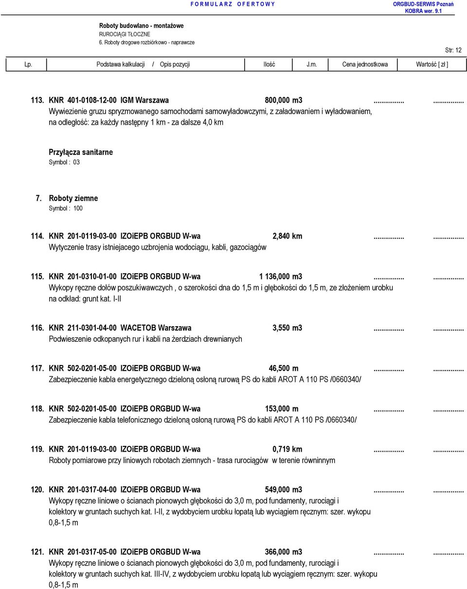 Roboty ziemne Symbol : 100 114. KNR 201-0119-03-00 IZOiEPB ORGBUD W-wa 2,840 km...... Wytyczenie trasy istniejacego uzbrojenia wodociągu, kabli, gazociągów 115.