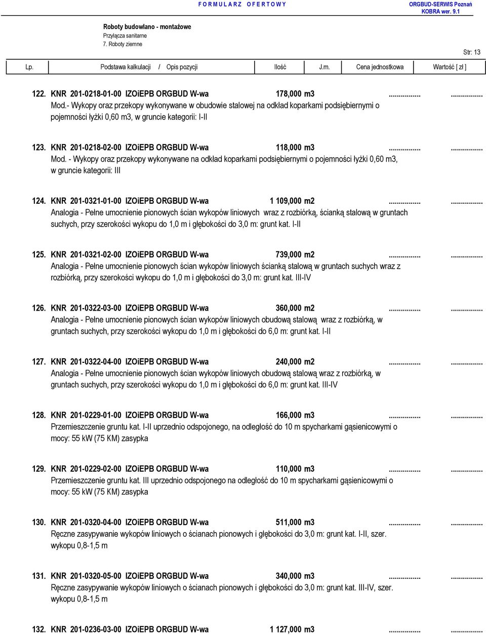 ..... Mod. - Wykopy oraz przekopy wykonywane na odkład koparkami podsiębiernymi o pojemności łyŝki 0,60 m3, w gruncie kategorii: III 124. KNR 201-0321-01-00 IZOiEPB ORGBUD W-wa 1 109,000 m2.