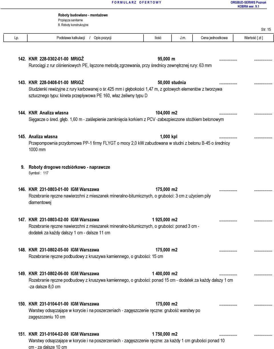 425 mm i głębokości 1,47 m, z gotowych elementów z tworzywa sztucznego typu: kineta przepływowa PE 160, właz Ŝeliwny typu D 144. KNR Analiza własna 104,000 m2...... Sięgacze o śred. głęb. 1,60 m - zaślepienie zamknięcia korkiem z PCV -zabezpieczone stoŝkiem betonowym 145.