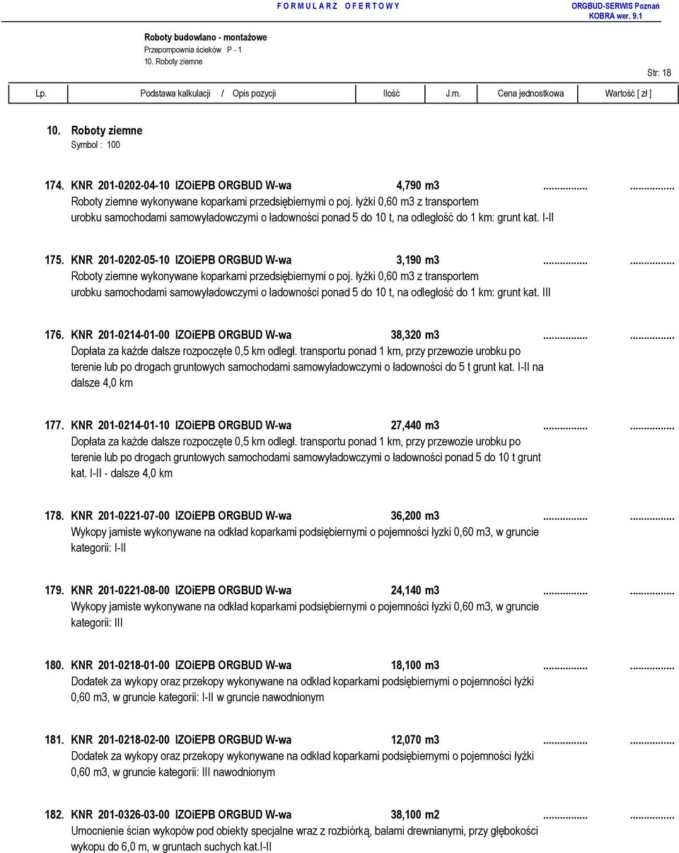 ..... Roboty ziemne wykonywane koparkami przedsiębiernymi o poj. łyŝki 0,60 m3 z transportem urobku samochodami samowyładowczymi o ładowności ponad 5 do 10 t, na odległość do 1 km: grunt kat. III 176.