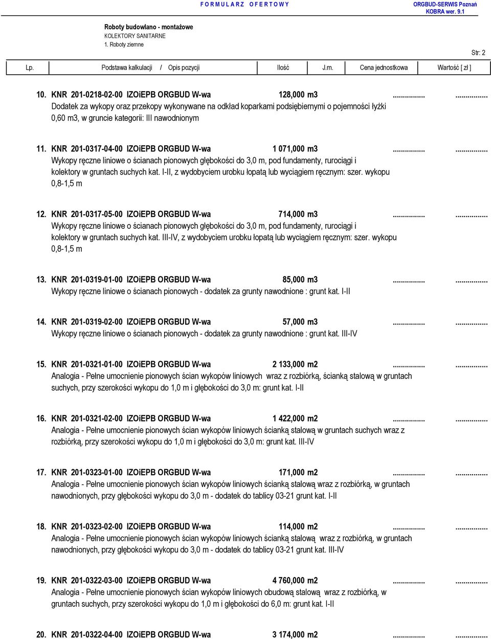 KNR 201-0317-04-00 IZOiEPB ORGBUD W-wa 1 071,000 m3...... Wykopy ręczne liniowe o ścianach pionowych głębokości do 3,0 m, pod fundamenty, rurociągi i kolektory w gruntach suchych kat.