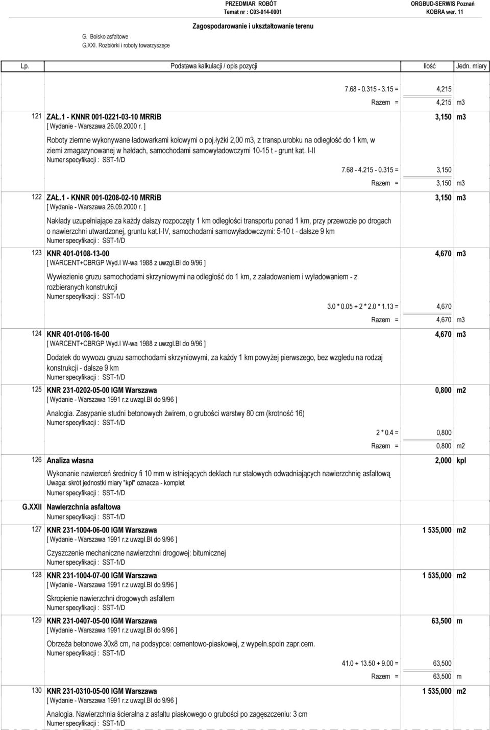 1 - KNNR 001-0208-02-10 MRRiB 3,150 m3 Nakłady uzupełniające za każdy dalszy rozpoczęty 1 km odległości transportu ponad 1 km, przy przewozie po drogach o nawierzchni utwardzonej, gruntu kat.