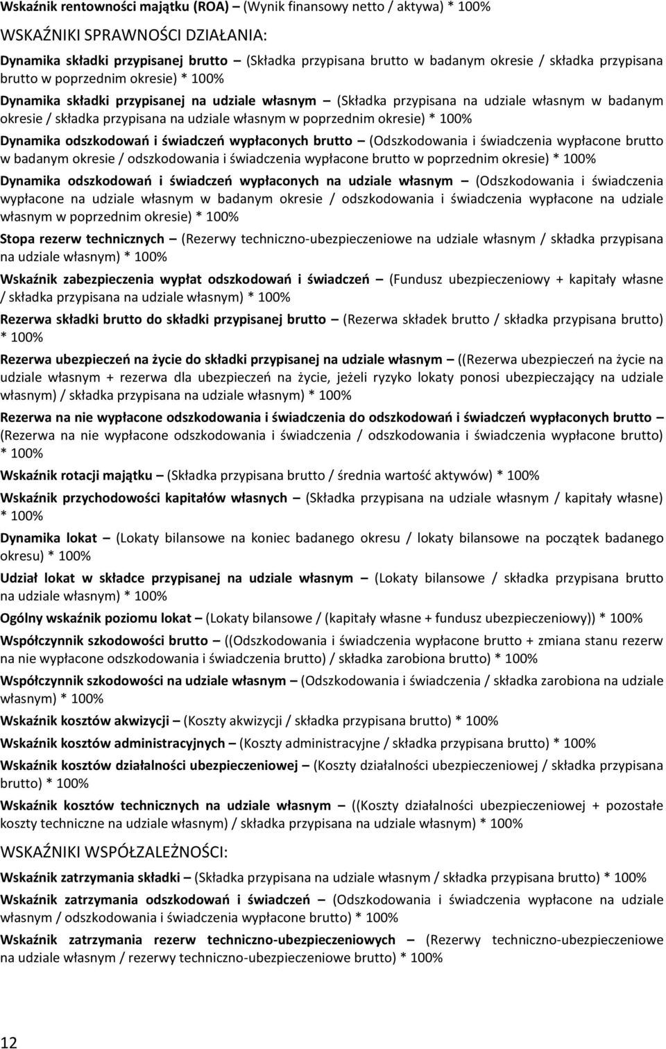 poprzednim okresie) * 100% Dynamika odszkodowań i świadczeń wypłaconych brutto (Odszkodowania i świadczenia wypłacone brutto w badanym okresie / odszkodowania i świadczenia wypłacone brutto w