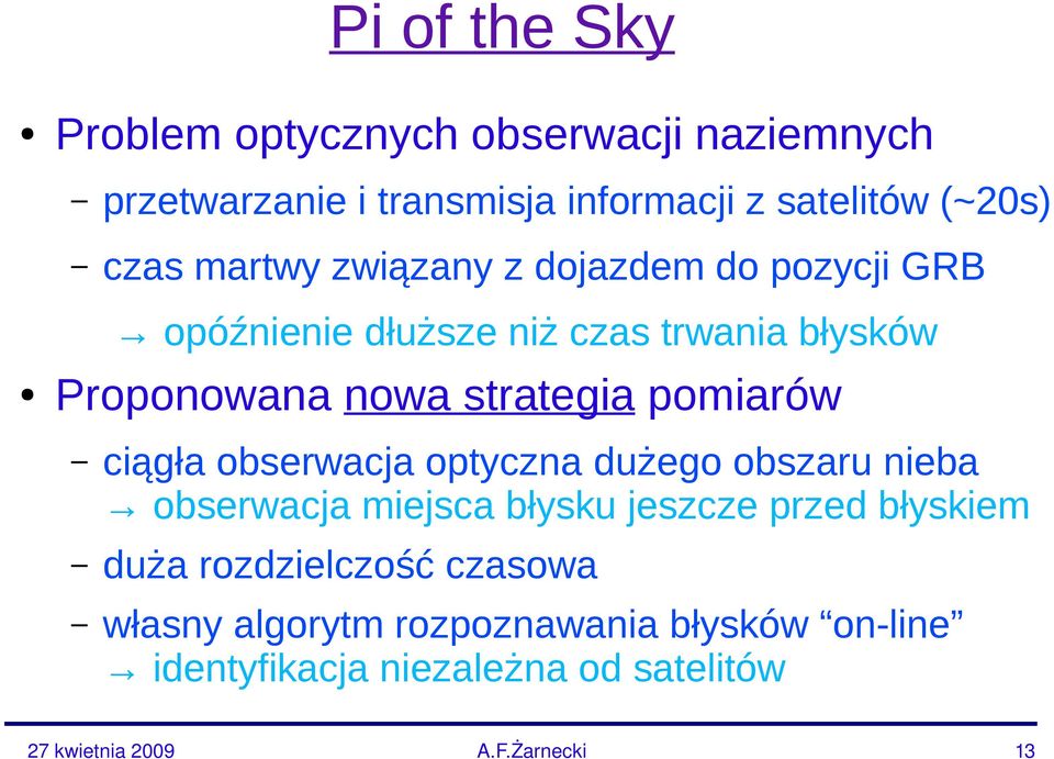 strategia pomiarów ciągła obserwacja optyczna dużego obszaru nieba obserwacja miejsca błysku jeszcze przed