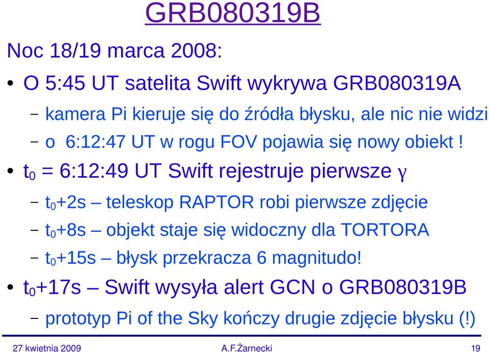 t0 = 6:12:49 UT Swift rejestruje pierwsze γ t0+2s teleskop RAPTOR robi pierwsze zdjęcie t0+8s objekt staje się