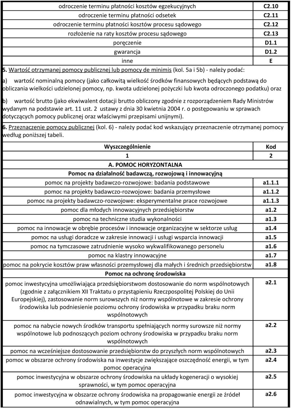 5a i 5b) - należy podać: a) wartość nominalną pomocy (jako całkowitą wielkość środków finansowych będących podstawą do obliczania wielkości udzielonej pomocy, np.