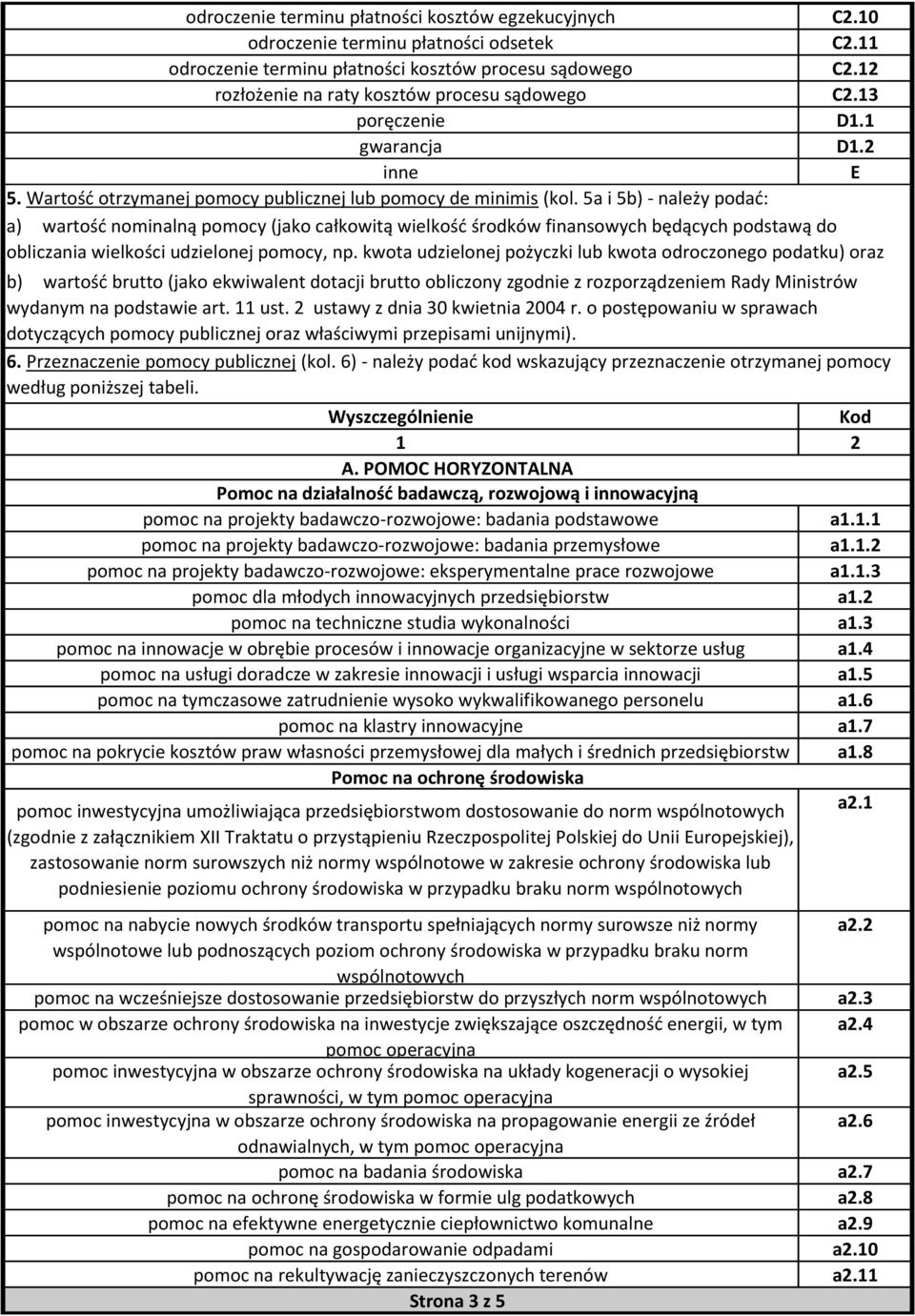 2 E a) wartość nominalną pomocy (jako całkowitą wielkość środków finansowych będących podstawą do obliczania wielkości udzielonej pomocy, np.