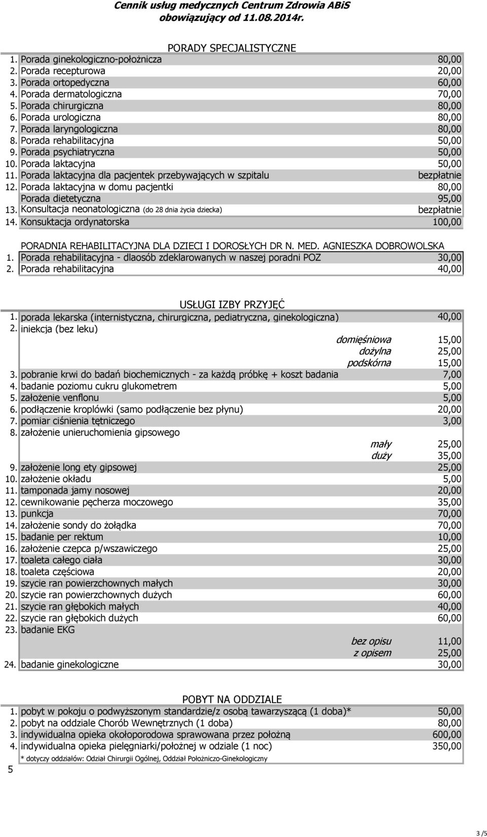 Porada laktacyjna dla pacjentek przebywających w szpitalu bezpłatnie 12. Porada laktacyjna w domu pacjentki 80,00 Porada dietetyczna 95,00 13.