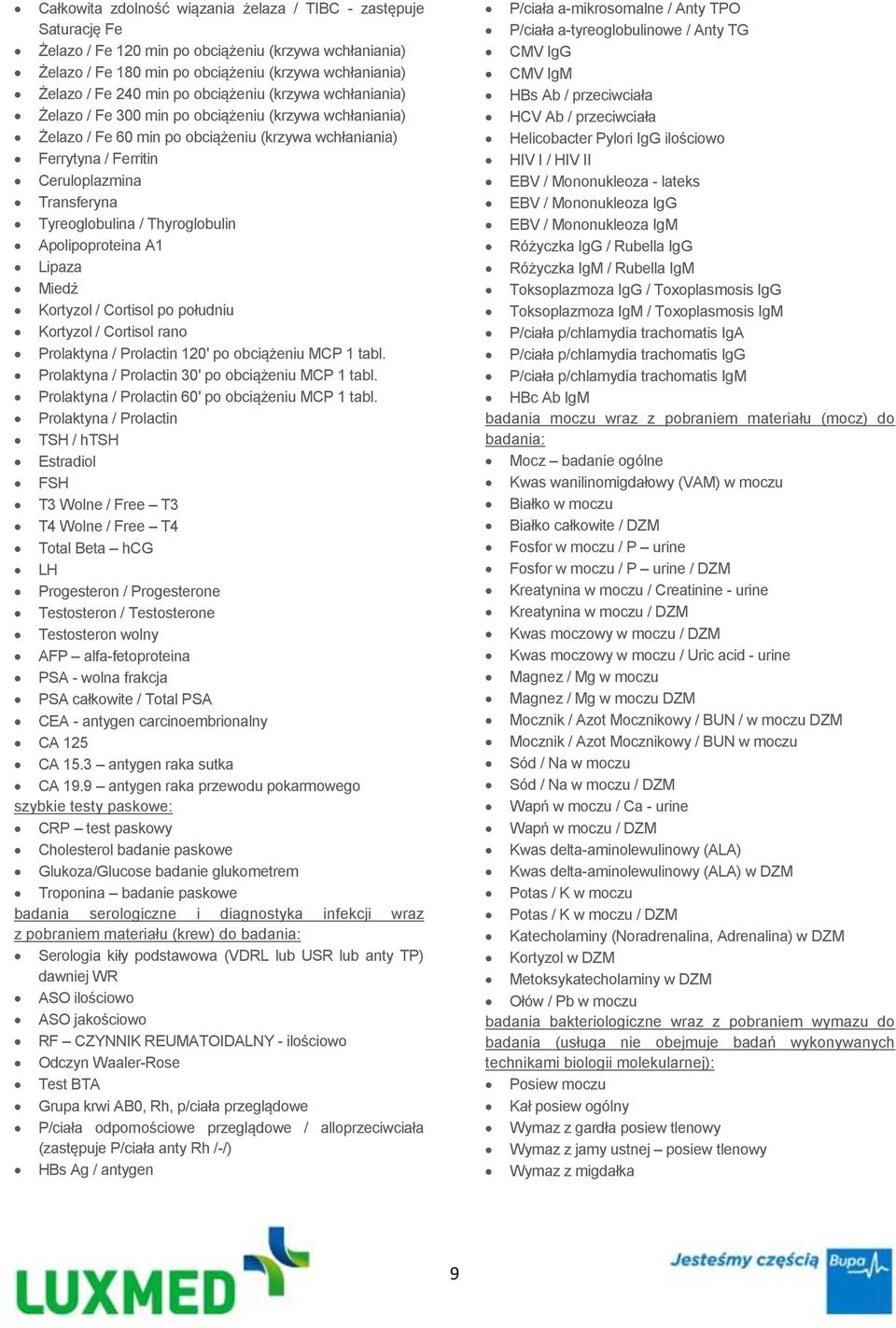 Tyreoglobulina / Thyroglobulin Apolipoproteina A1 Lipaza Miedź Kortyzol / Cortisol po południu Kortyzol / Cortisol rano Prolaktyna / Prolactin 120' po obciążeniu MCP 1 tabl.