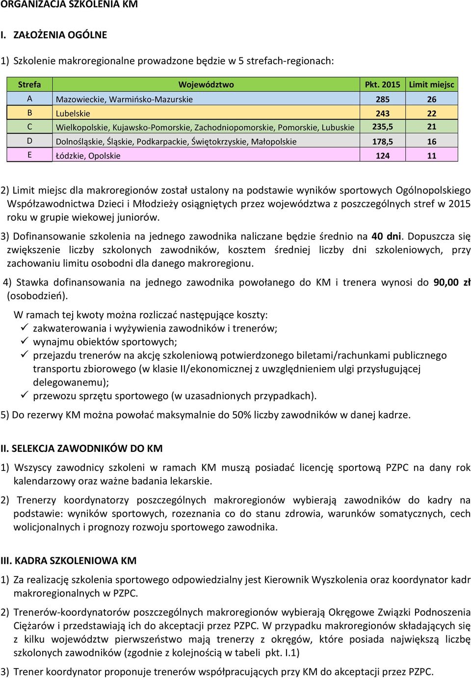 Podkarpackie, Świętokrzyskie, Małopolskie 178,5 16 E Łódzkie, Opolskie 124 11 2) Limit miejsc dla makroregionów został ustalony na podstawie wyników sportowych Ogólnopolskiego Współzawodnictwa Dzieci