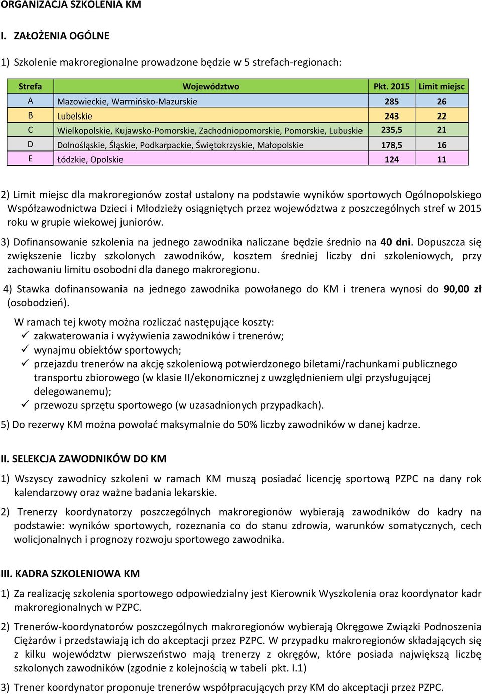 Podkarpackie, Świętokrzyskie, Małopolskie 178,5 16 E Łódzkie, Opolskie 124 11 2) Limit miejsc dla makroregionów został ustalony na podstawie wyników sportowych Ogólnopolskiego Współzawodnictwa Dzieci