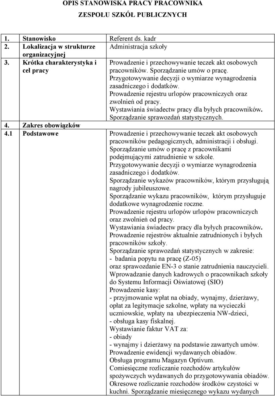 Prowadzenie rejestru urlopów pracowniczych oraz zwolnień od pracy. Sporządzanie sprawozdań statystycznych. 4. Zakres obowiązków 4.