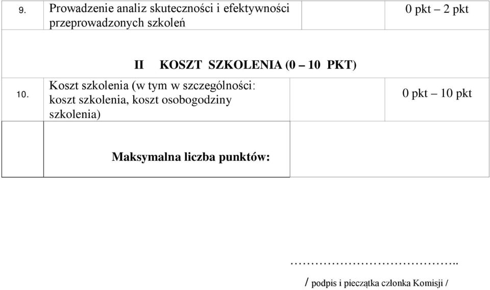 II Koszt szkolenia (w tym w szczególności: koszt szkolenia, koszt