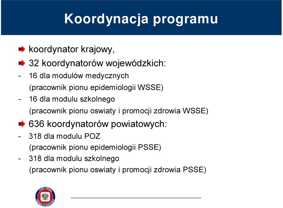 oswiaty i promocji zdrowia WSSE) 636 koordynatorów powiatowych: - 318 dla modulu POZ