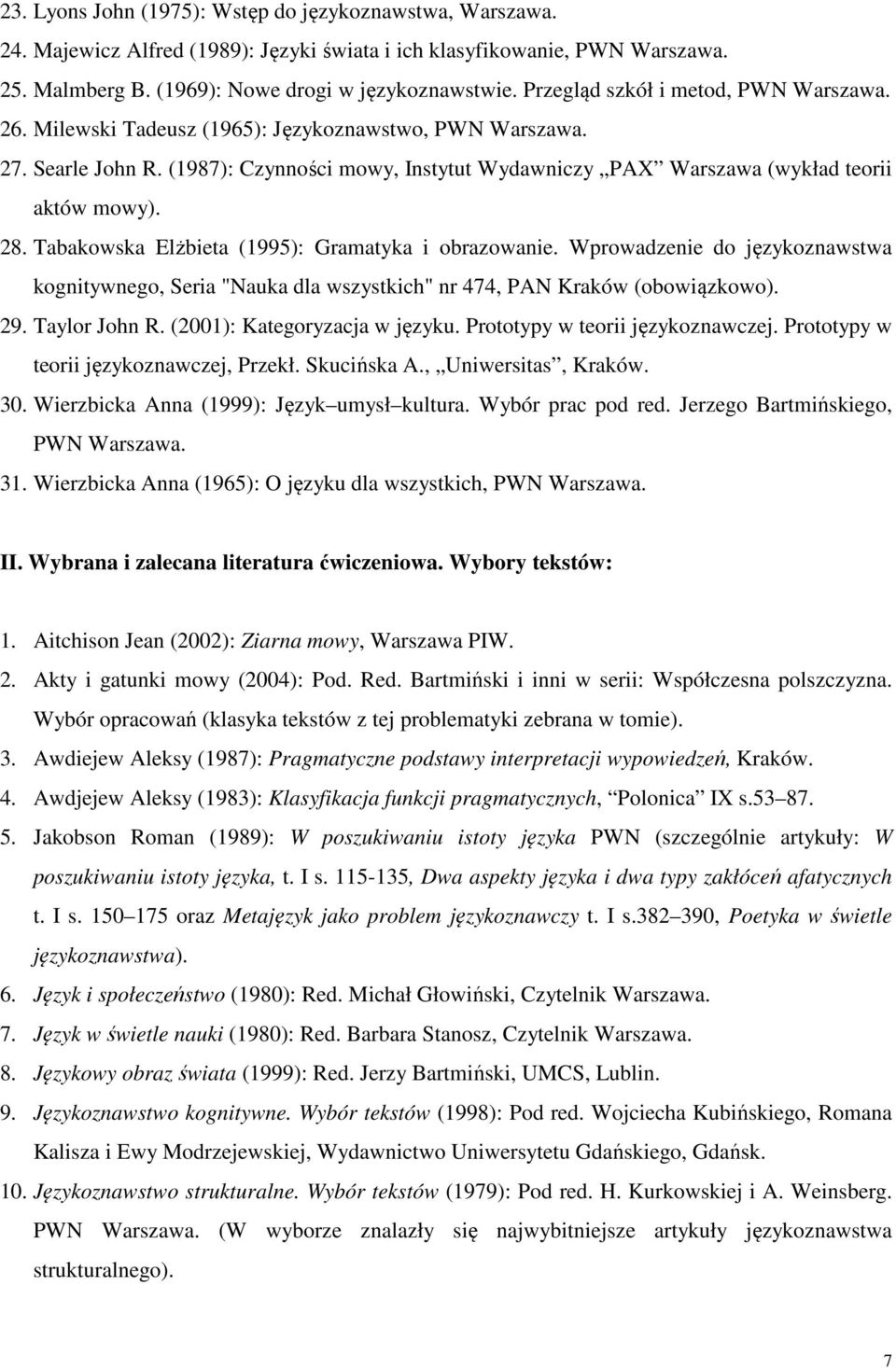 28. Tabakowska Elżbieta (1995): Gramatyka i obrazowanie. Wprowadzenie do językoznawstwa kognitywnego, Seria "Nauka dla wszystkich" nr 474, PAN Kraków (obowiązkowo). 29. Taylor John R.