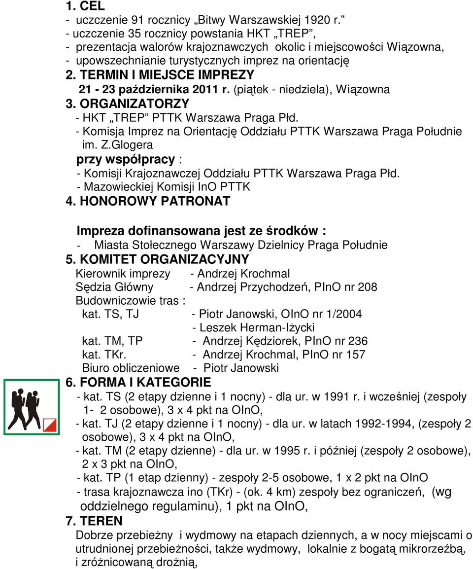 TERMIN I MIEJSCE IMPREZY 21-23 października 2011 r. (piątek - niedziela), Wiązowna 3. ORGANIZATORZY - HKT TREP PTTK Warszawa Praga Płd.