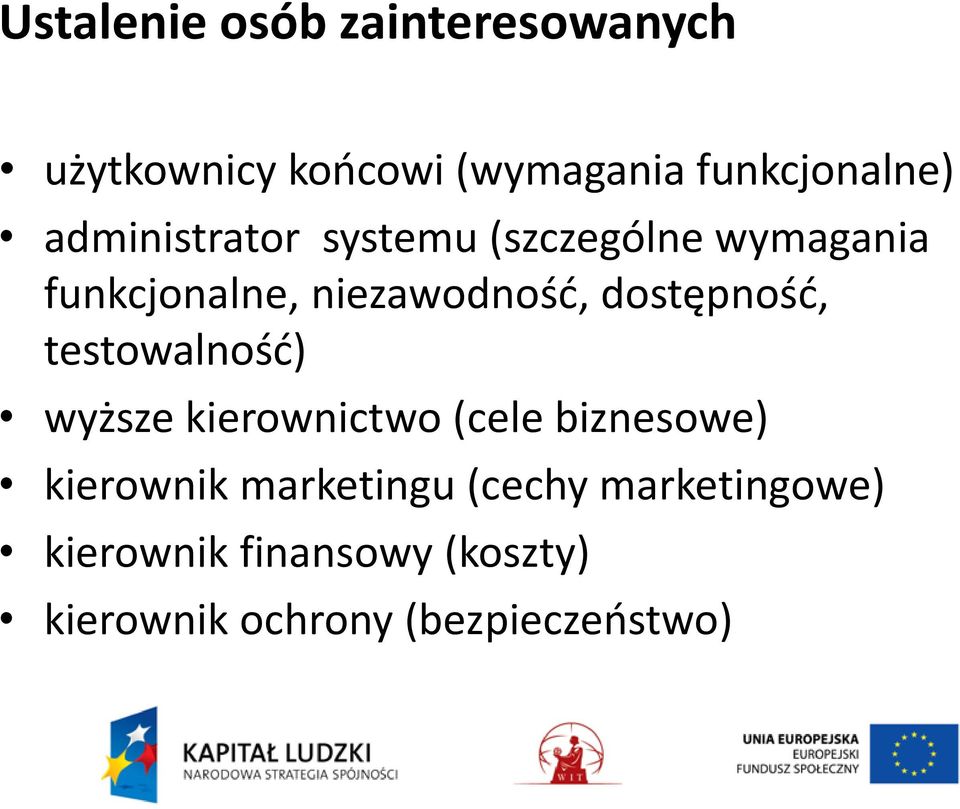 dostępność, testowalność) wyższe kierownictwo (cele biznesowe) kierownik