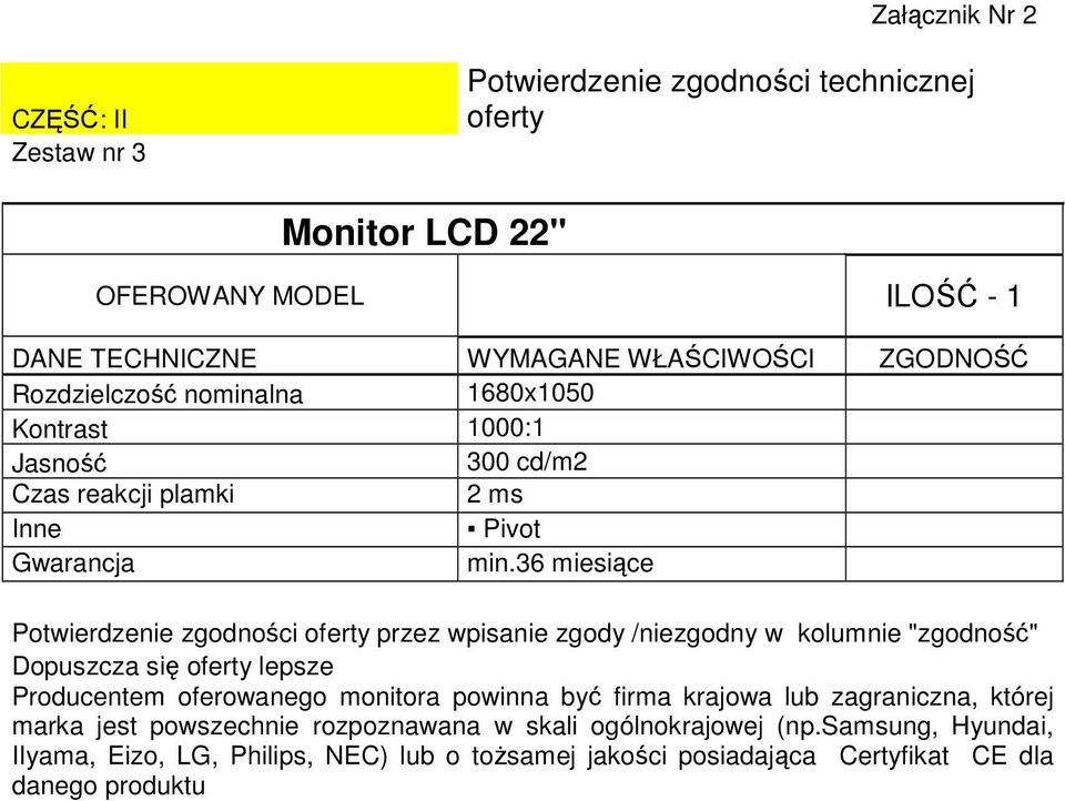 36 miesiące Producentem oferowanego monitora powinna być firma krajowa lub zagraniczna, której marka jest