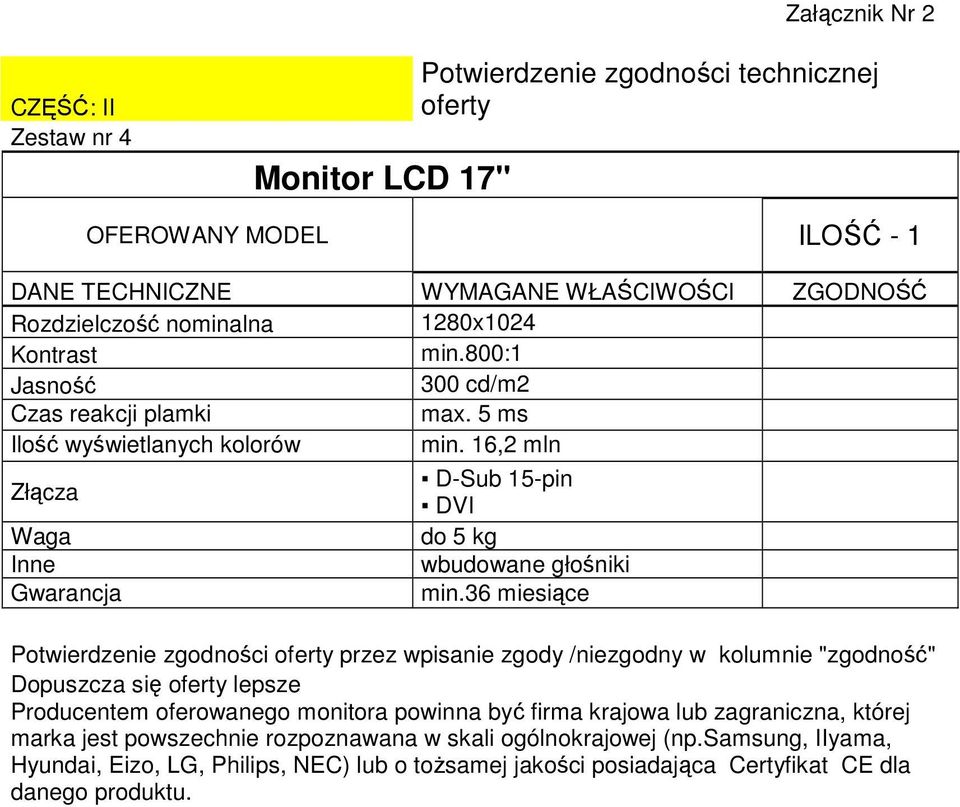 16,2 mln Złącza Waga Inne D-Sub 15-pin DVI do 5 kg wbudowane głośniki min.