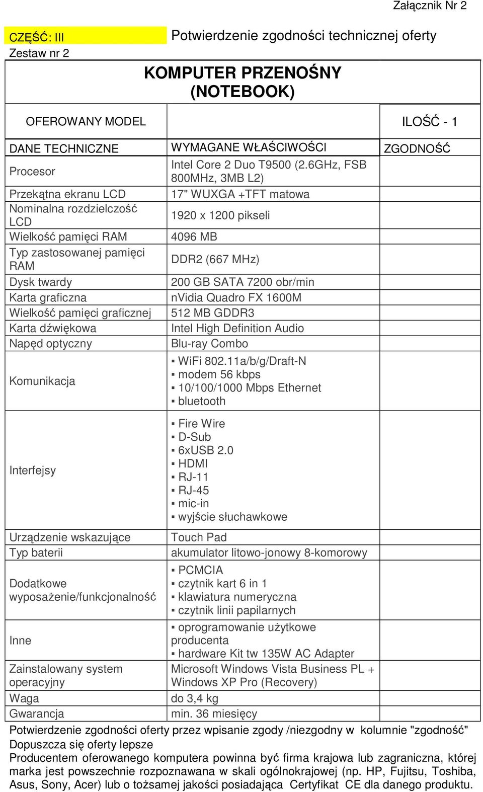 SATA 7200 obr/min Karta graficzna nvidia Quadro FX 1600M Wielkość pamięci graficznej 512 MB GDDR3 Karta dźwiękowa Intel High Definition Audio Napęd optyczny Blu-ray Combo Komunikacja Interfejsy