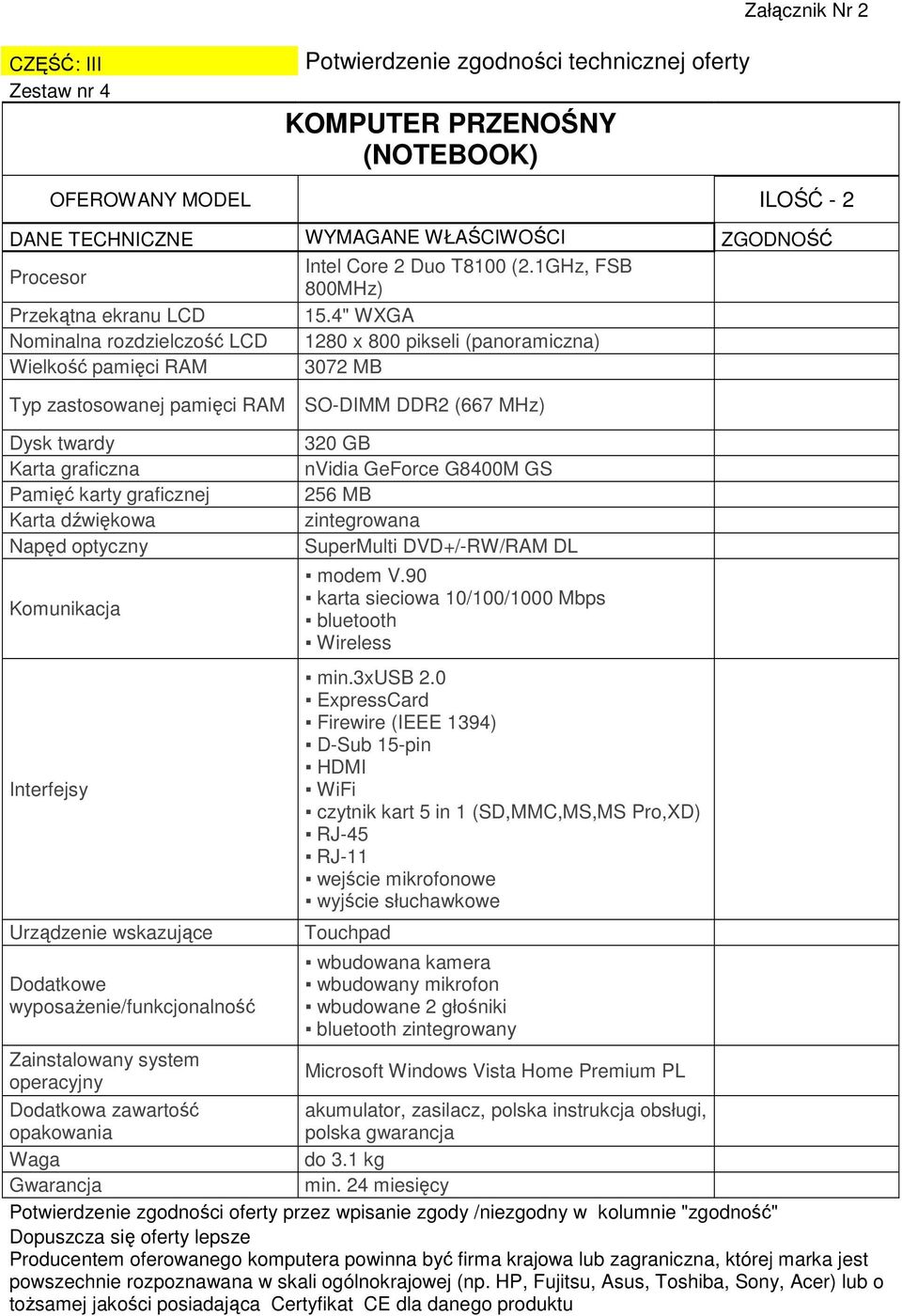 dźwiękowa Napęd optyczny Komunikacja Interfejsy Urządzenie wskazujące Dodatkowe wyposaŝenie/funkcjonalność 320 GB nvidia GeForce G8400M GS 256 MB zintegrowana SuperMulti DVD+/-RW/RAM DL modem V.