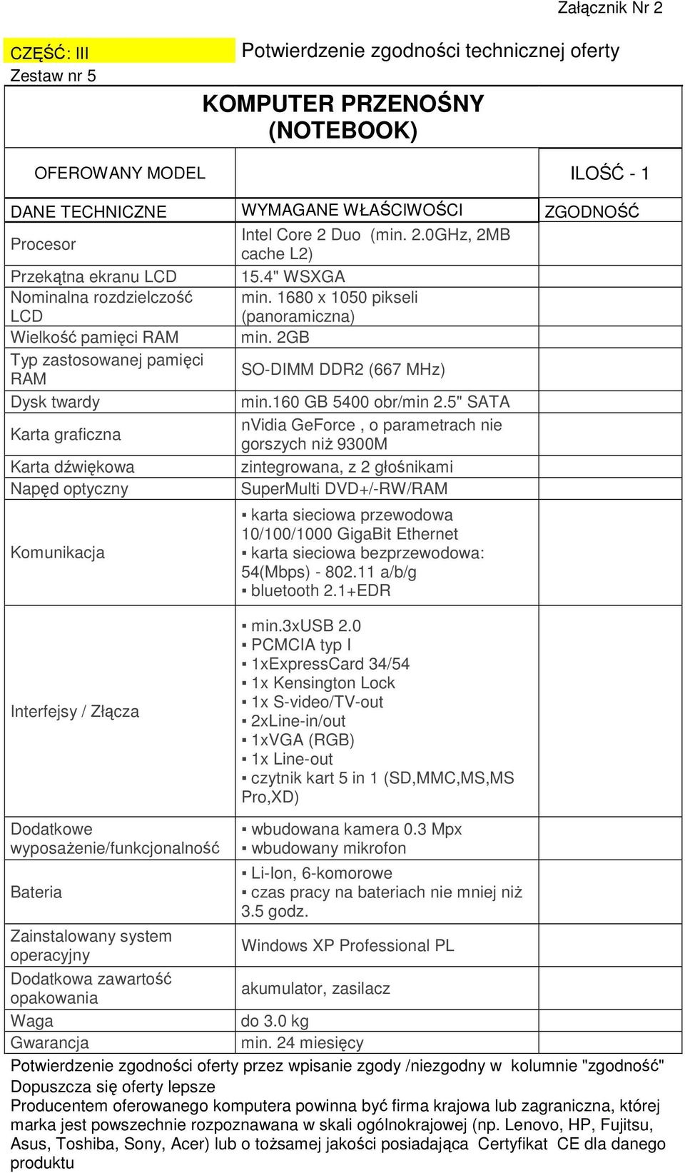 5" SATA Karta graficzna nvidia GeForce, o parametrach nie gorszych niŝ 9300M Karta dźwiękowa zintegrowana, z 2 głośnikami Napęd optyczny SuperMulti DVD+/-RW/RAM Komunikacja karta sieciowa przewodowa