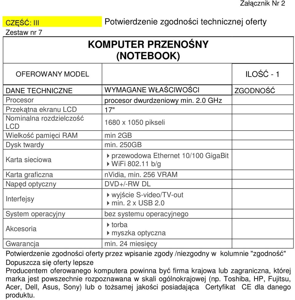 250GB Karta sieciowa Karta graficzna Napęd optyczny Interfejsy System operacyjny Akcesoria przewodowa Ethernet 10/100 GigaBit WiFi 802.11 b/g nvidia, min.