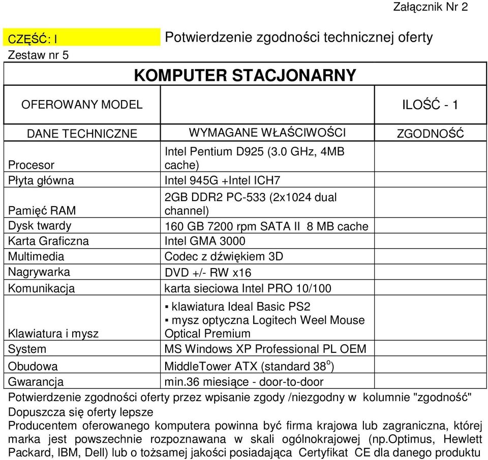 Multimedia Codec z dźwiękiem 3D Nagrywarka DVD +/- RW x16 Komunikacja karta sieciowa Intel PRO 10/100 Klawiatura i mysz System klawiatura Ideal Basic PS2 mysz optyczna Logitech