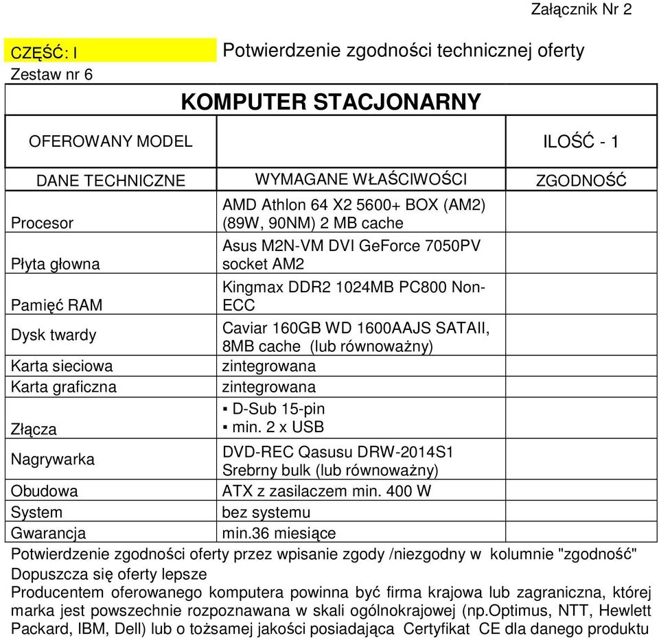 15-pin min. 2 x USB Nagrywarka DVD-REC Qasusu DRW-2014S1 Srebrny bulk (lub równowaŝny) Obudowa ATX z zasilaczem min. 400 W System bez systemu min.