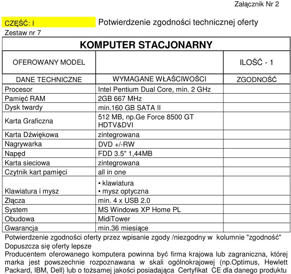 5" 1,44MB Karta sieciowa zintegrowana Czytnik kart pamięci all in one klawiatura Klawiatura i mysz mysz optyczna Złącza min. 4 x USB 2.