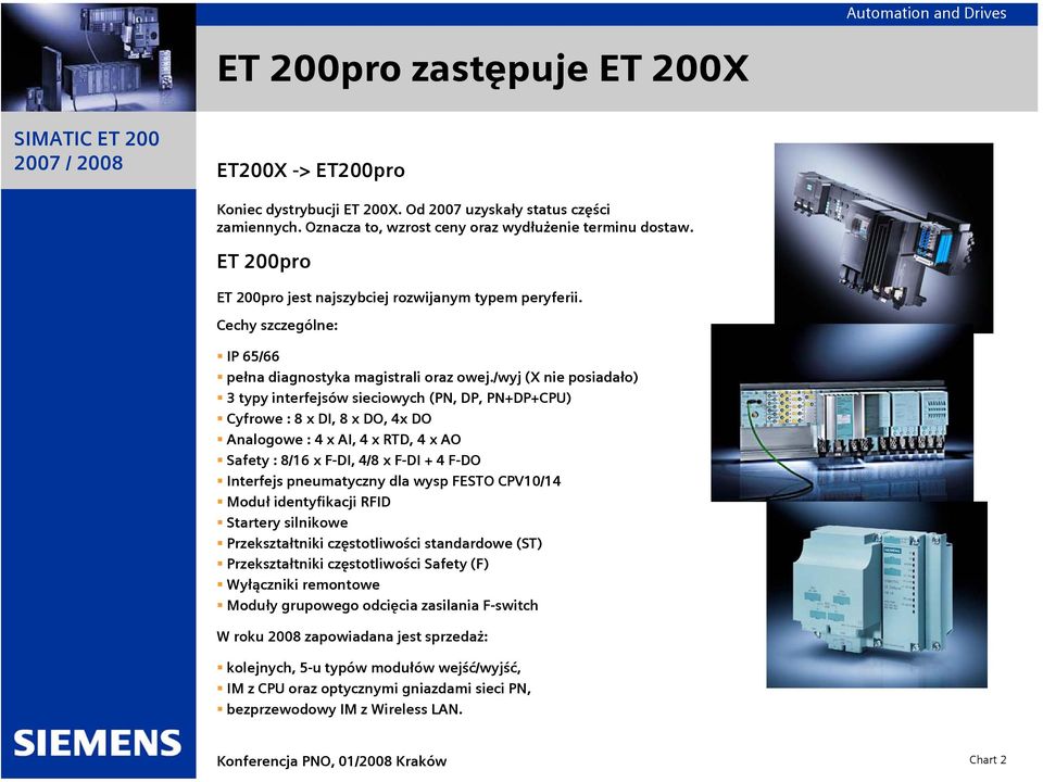 /wyj (X nie posiadało) 3 typy interfejsów sieciowych (PN, DP, PN+DP+CPU) Cyfrowe : 8 x DI, 8 x DO, 4x DO Analogowe : 4 x AI, 4 x RTD, 4 x AO Safety : 8/16 x F-DI, 4/8 x F-DI + 4 F-DO Interfejs