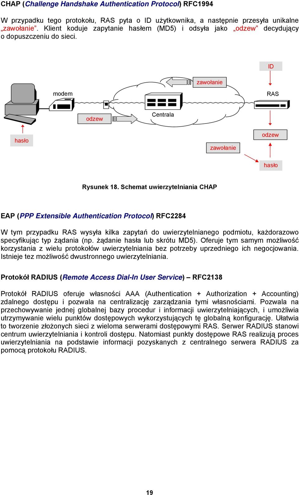 Schemat uwierzytelniania CHAP EAP (PPP Extensible Authentication Protocol) RFC2284 W tym przypadku RAS wysyła kilka zapytań do uwierzytelnianego podmiotu, każdorazowo specyfikując typ żądania (np.