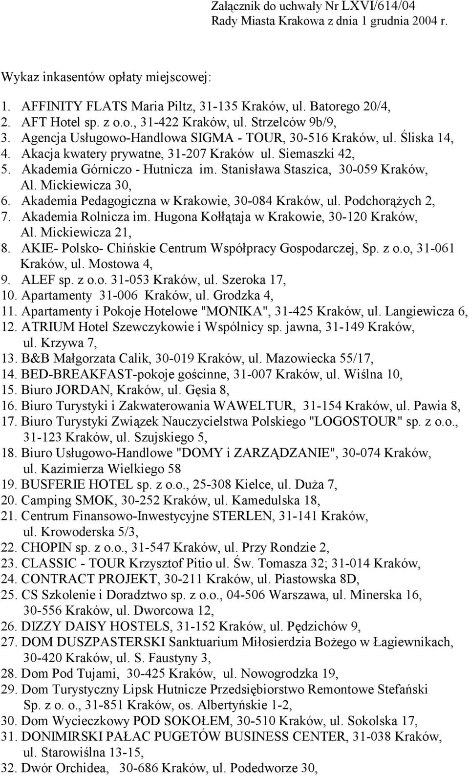 Akademia Górniczo - Hutnicza im. Stanisława Staszica, 30-059 Kraków, Al. Mickiewicza 30, 6. Akademia Pedagogiczna w Krakowie, 30-084 Kraków, ul. Podchorążych 2, 7. Akademia Rolnicza im.