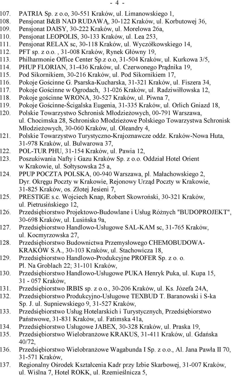 z o.o, 31-504 Kraków, ul. Kurkowa 3/5, 114. PHUP FLORIAN, 31-436 Kraków, ul. Czerwonego Prądnika 19, 115. Pod Sikornikiem, 30-216 Kraków, ul. Pod Sikornikiem 17, 116. Pokoje Gościnne G.