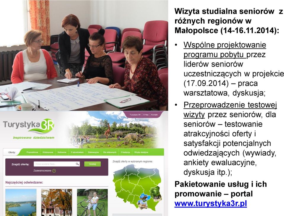 2014) praca warsztatowa, dyskusja; Przeprowadzenie testowej wizyty przez seniorów, dla seniorów testowanie