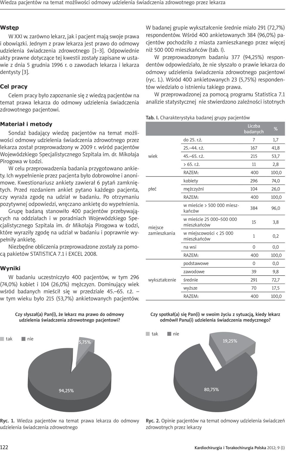 o zawodach lekarza i lekarza dentysty [3]. Cel pracy Celem pracy było zapoznanie się z wiedzą pacjentów na temat prawa lekarza do odmowy udzielenia świadczenia zdrowotnego pacjentowi.
