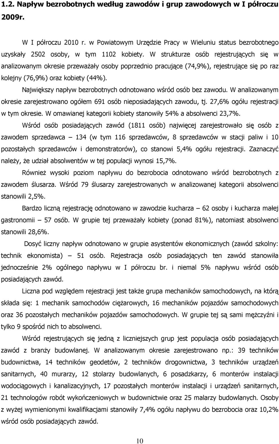 Największy napływ bezrobotnych odnotowano wśród osób bez zawodu. W analizowanym okresie zarejestrowano ogółem 691 osób nieposiadających zawodu, tj. 27,6% ogółu rejestracji w tym okresie.