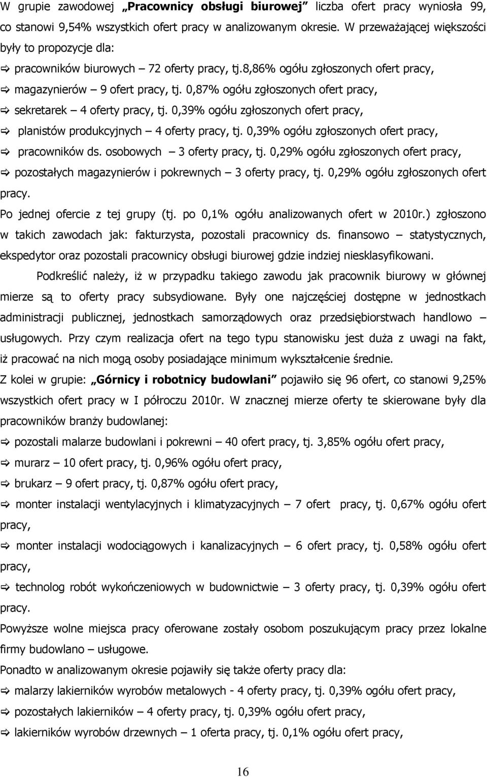 0,87% ogółu zgłoszonych ofert pracy, sekretarek 4 oferty pracy, tj. 0,39% ogółu zgłoszonych ofert pracy, planistów produkcyjnych 4 oferty pracy, tj.