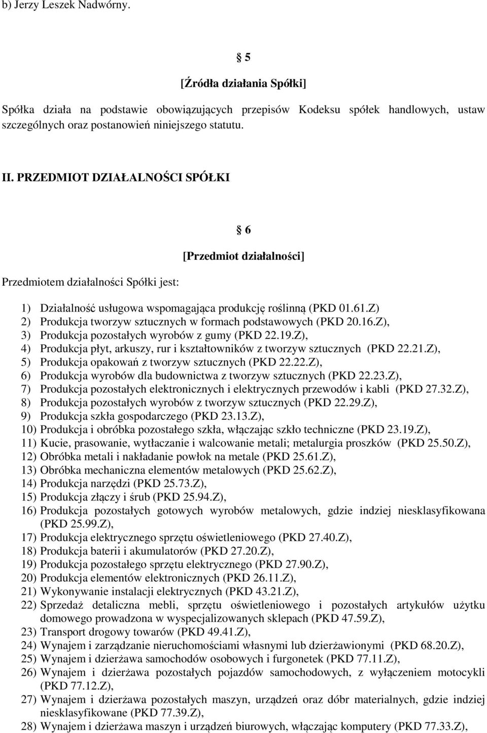 Z) 2) Produkcja tworzyw sztucznych w formach podstawowych (PKD 20.16.Z), 3) Produkcja pozostałych wyrobów z gumy (PKD 22.19.