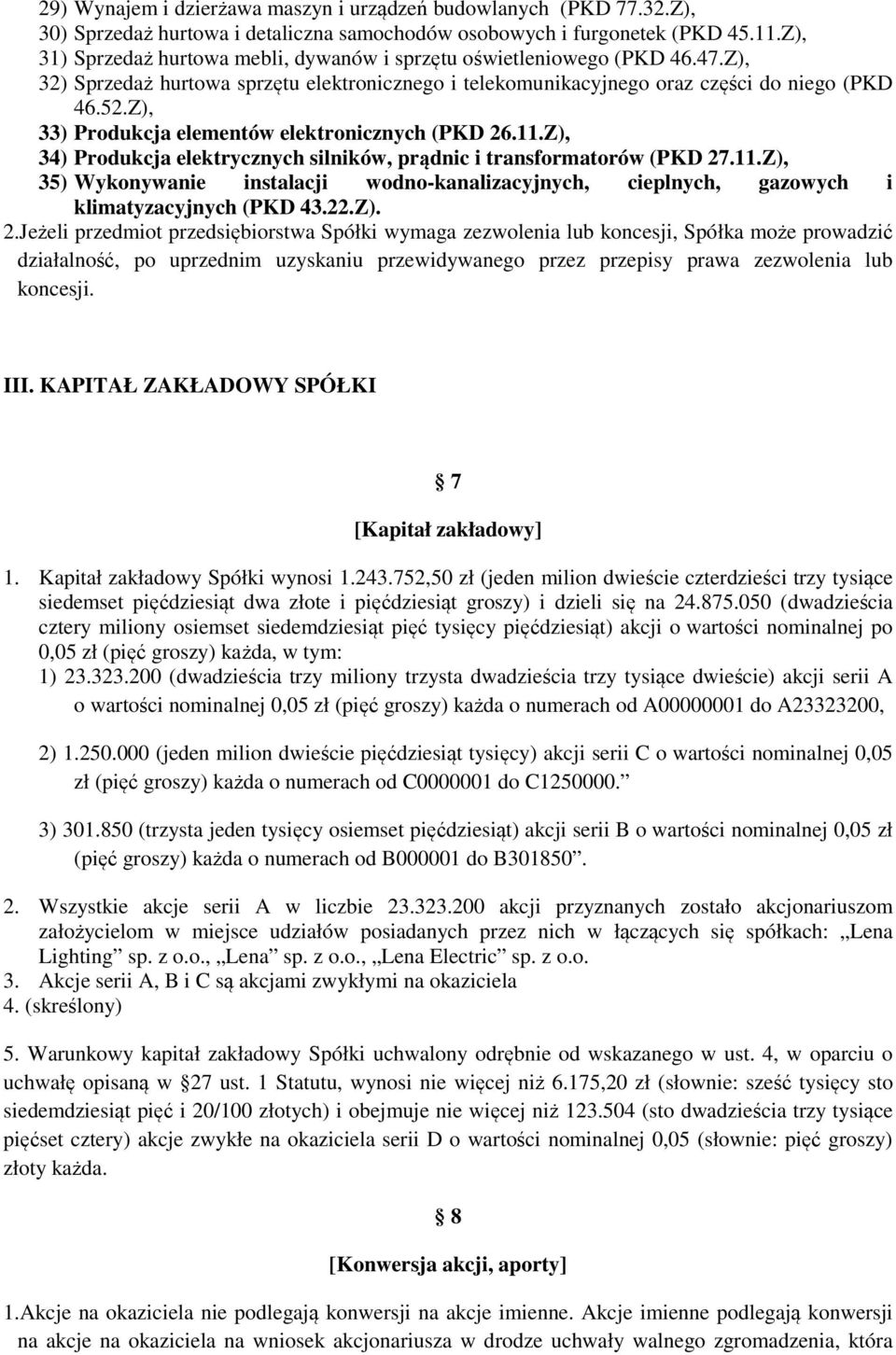 Z), 33) Produkcja elementów elektronicznych (PKD 26.11.Z), 34) Produkcja elektrycznych silników, prądnic i transformatorów (PKD 27.11.Z), 35) Wykonywanie instalacji wodno-kanalizacyjnych, cieplnych, gazowych i klimatyzacyjnych (PKD 43.